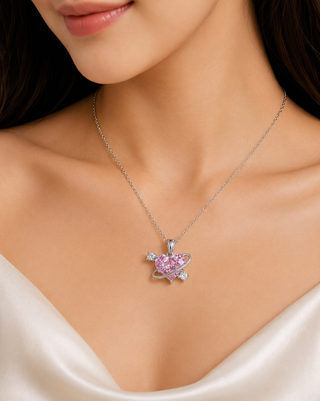 Pink Heart Orbit Pendant Necklace – Silver Finish