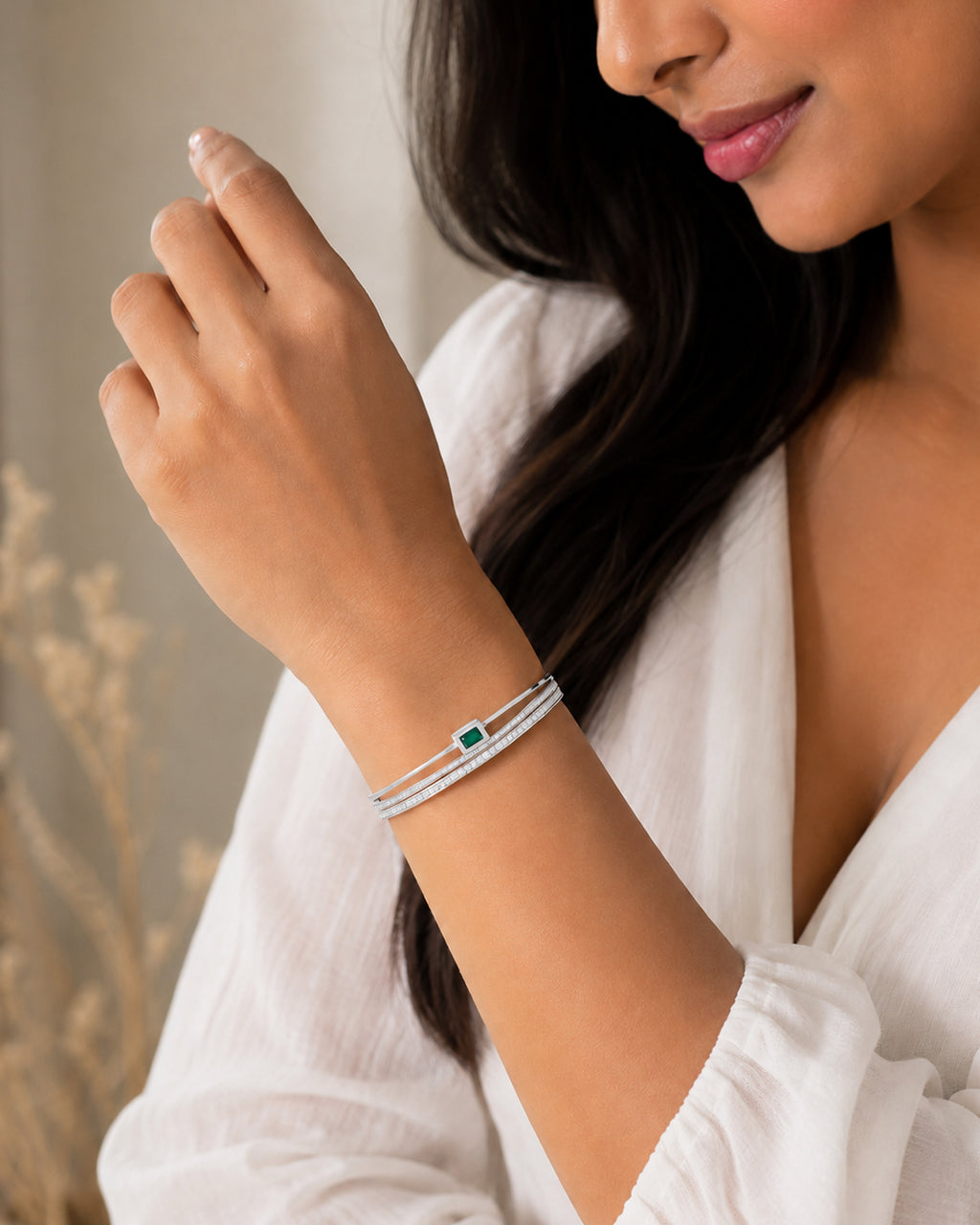 Emerald Accent Open Cuff Bracelet – Silver Tone