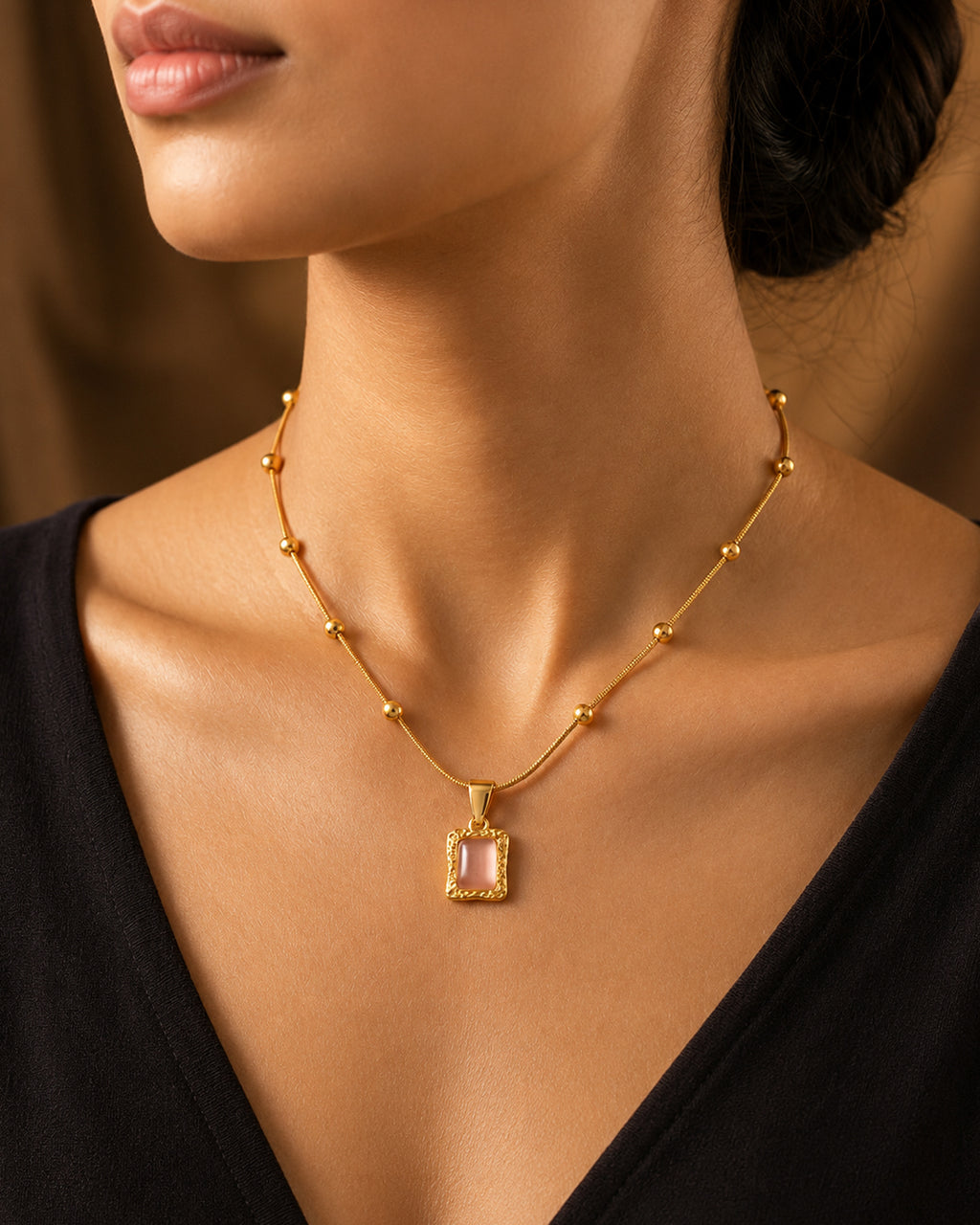 Pink Cat's Eye Rectangle Pendant Necklace