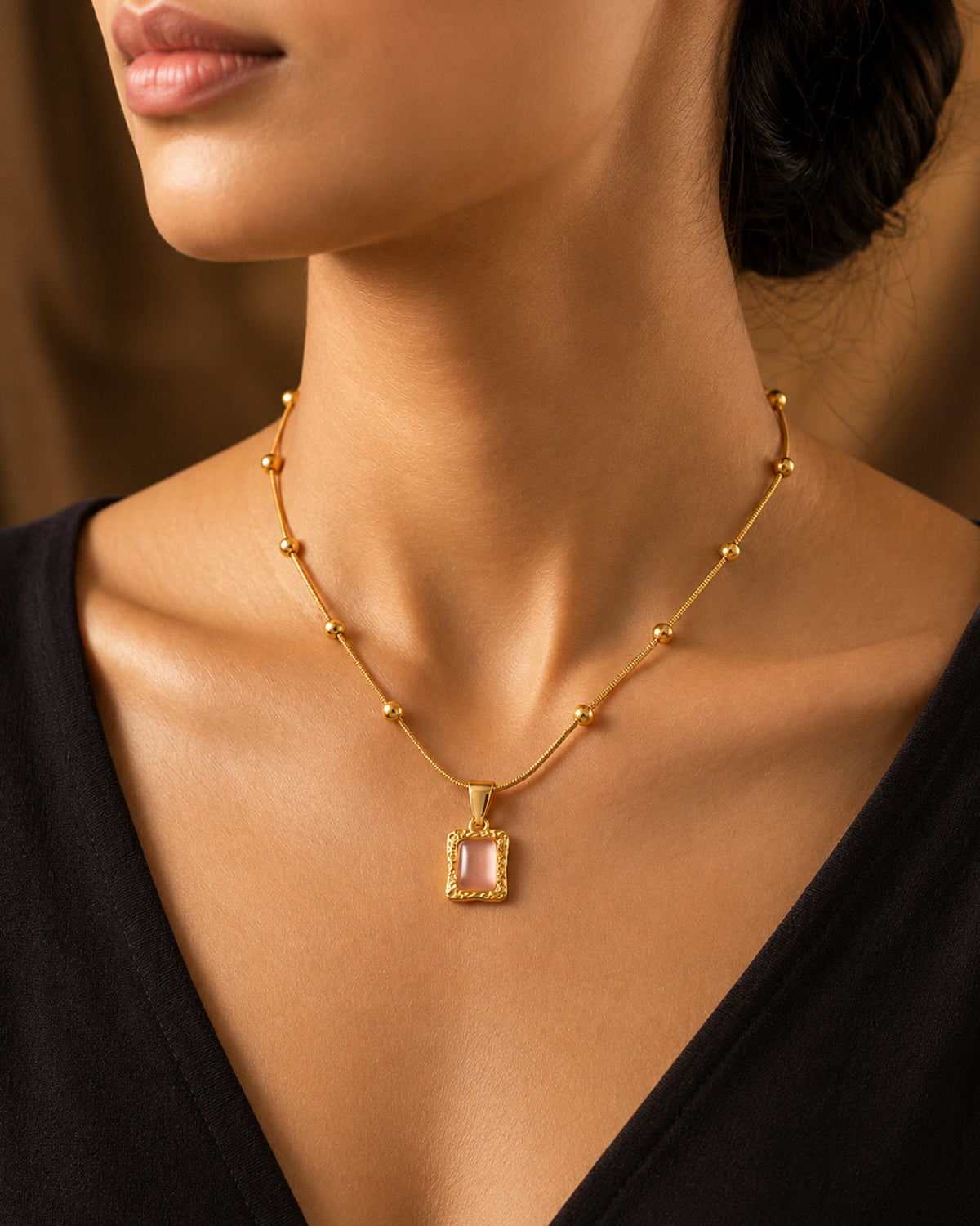 Pink Cat's Eye Rectangle Pendant Necklace