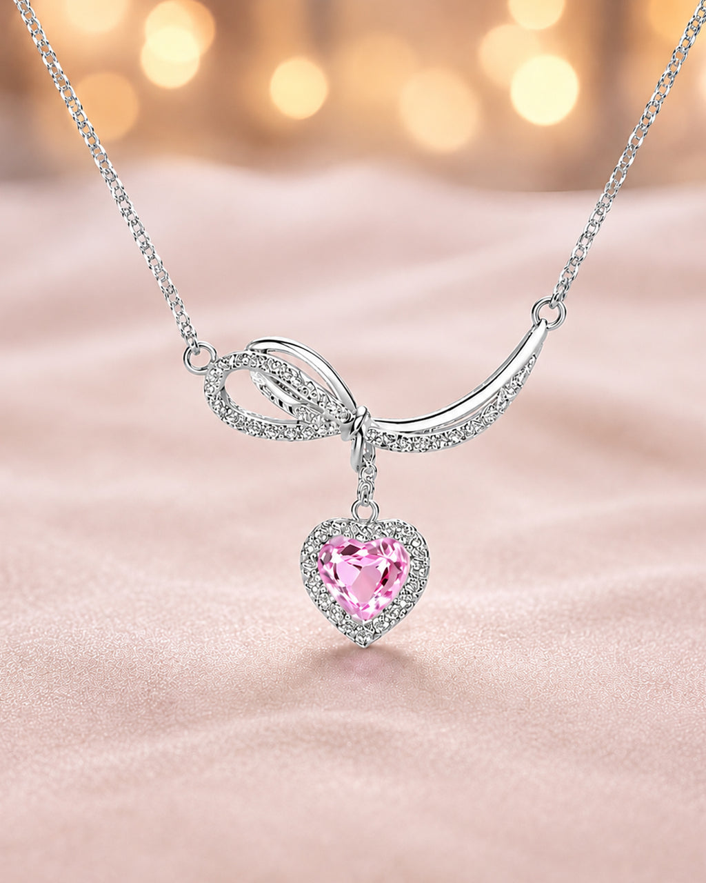 Silver Pink Heart Bow Pendant Necklace