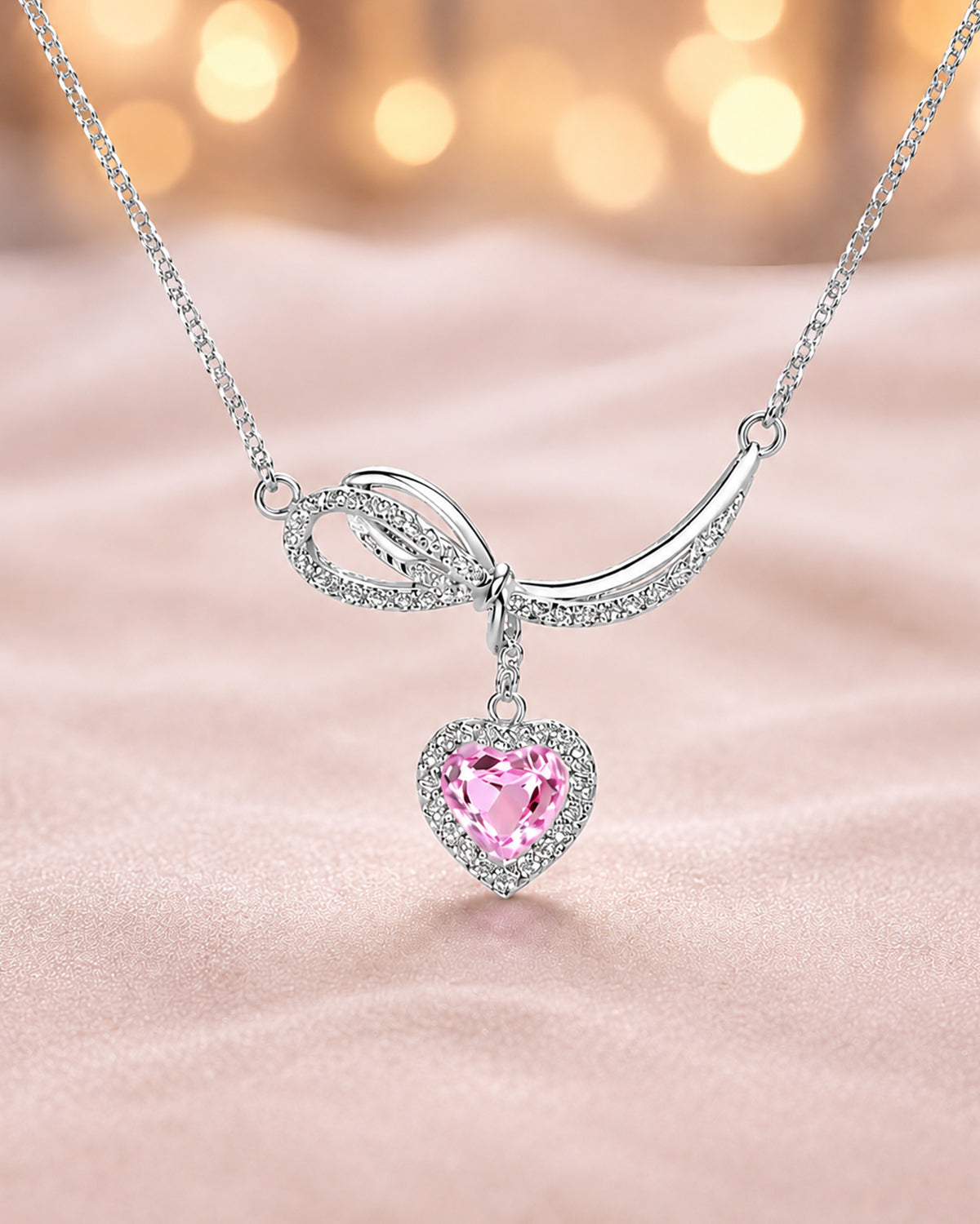 Silver Pink Heart Bow Pendant Necklace