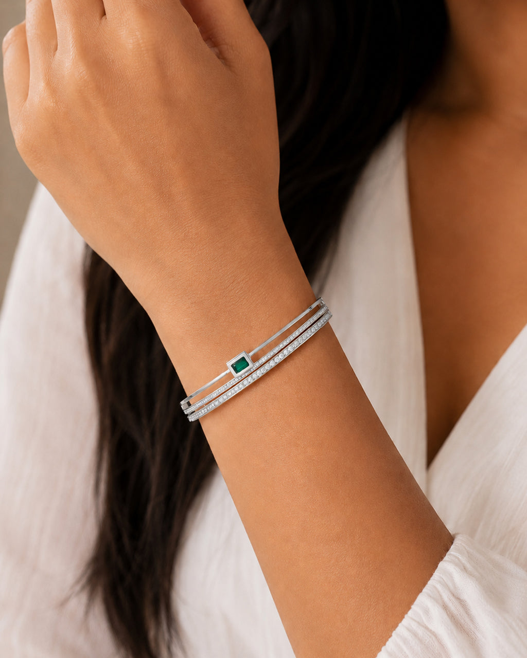 Emerald Accent Open Cuff Bracelet – Silver Tone