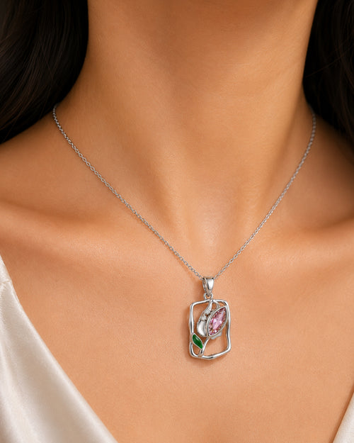 Abstract Pink Floral Frame Pendant Necklace – Silver Finish