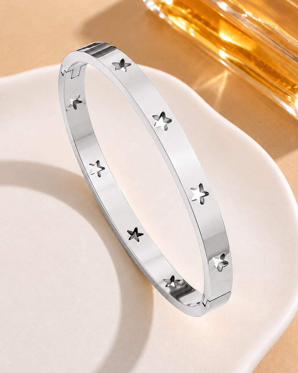 Silver Star Engraved Minimalist Cuff Bangle Bracelet
