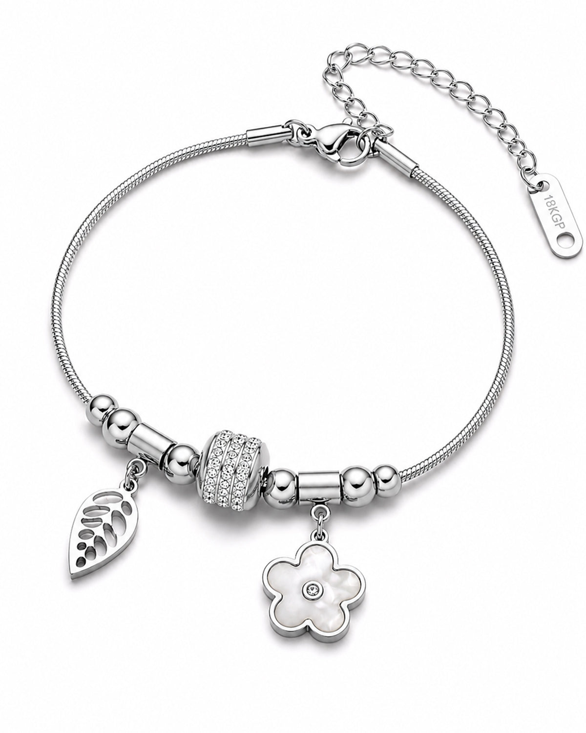 Silver Charm Bracelet with Floral & Leaf Dangle Charms