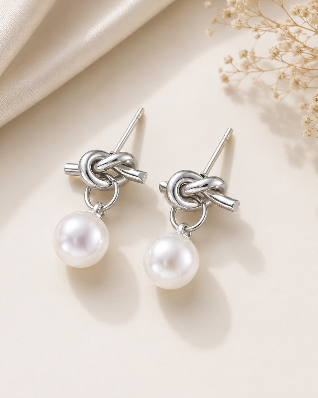 Silver Knot Pearl Drop Stud Earrings