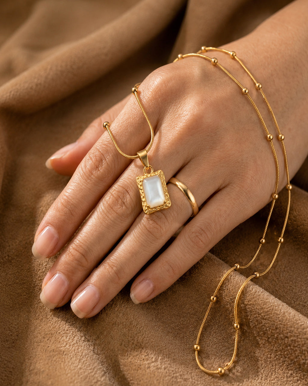 White Cat's Eye Rectangle Pendant Necklace