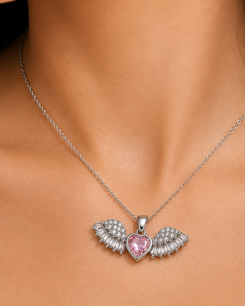 Angel Wings Heart Pendant Necklace – Silver Finish