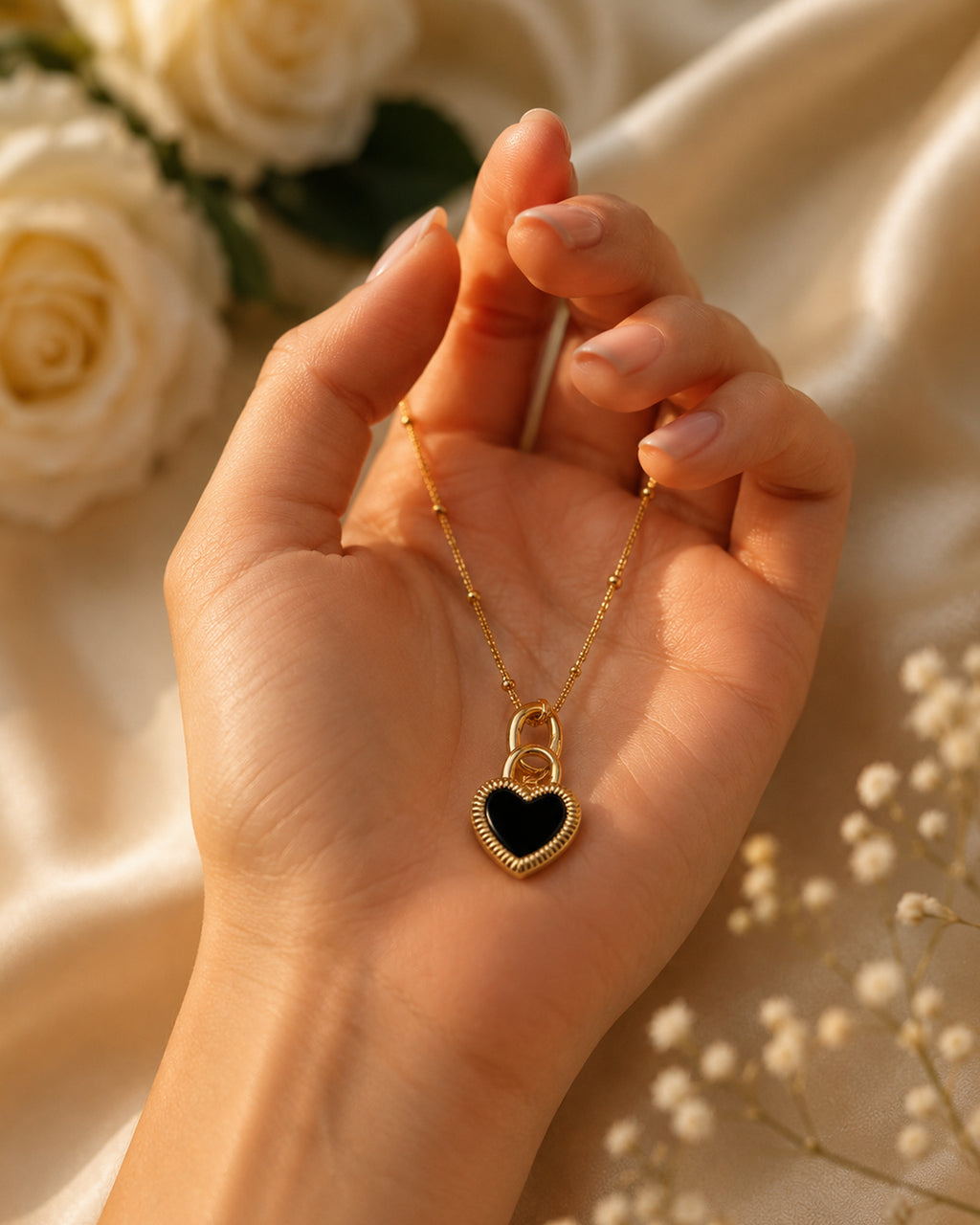 Gold Black Heart Pendant Necklace