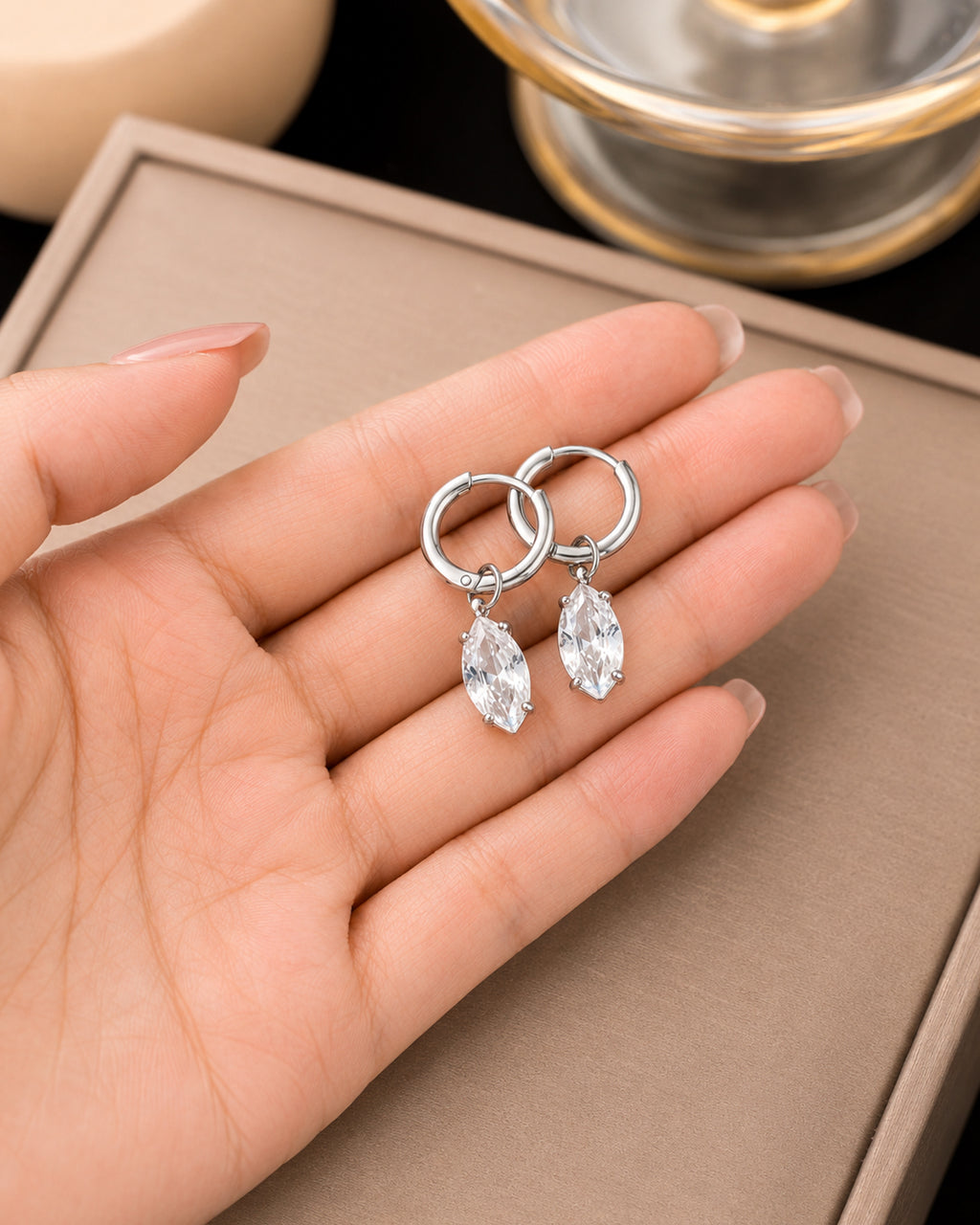 Silver Marquise Crystal Drop Hoop Earrings