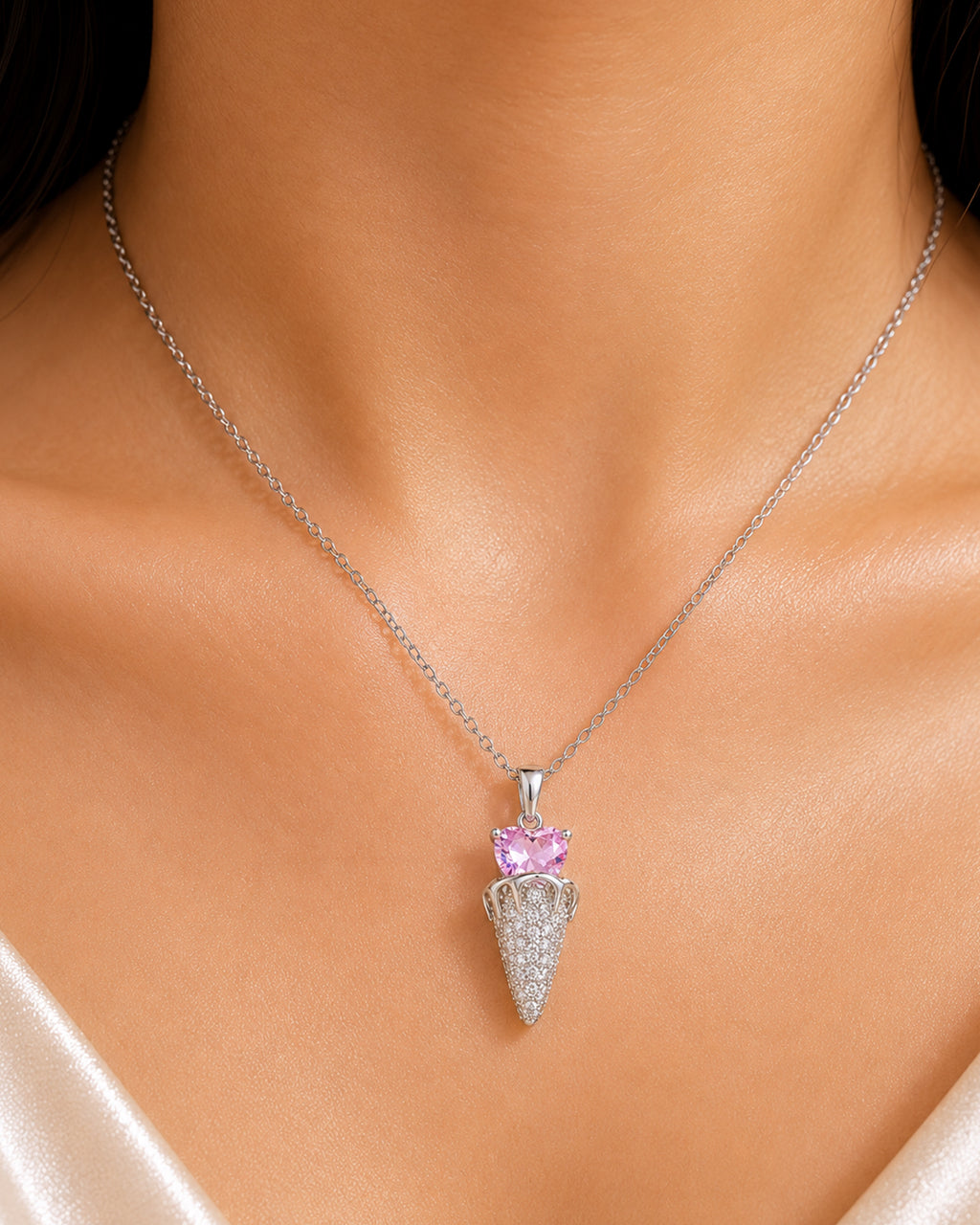 Pink Heart Ice Cream Cone Pendant Necklace – Silver Finish