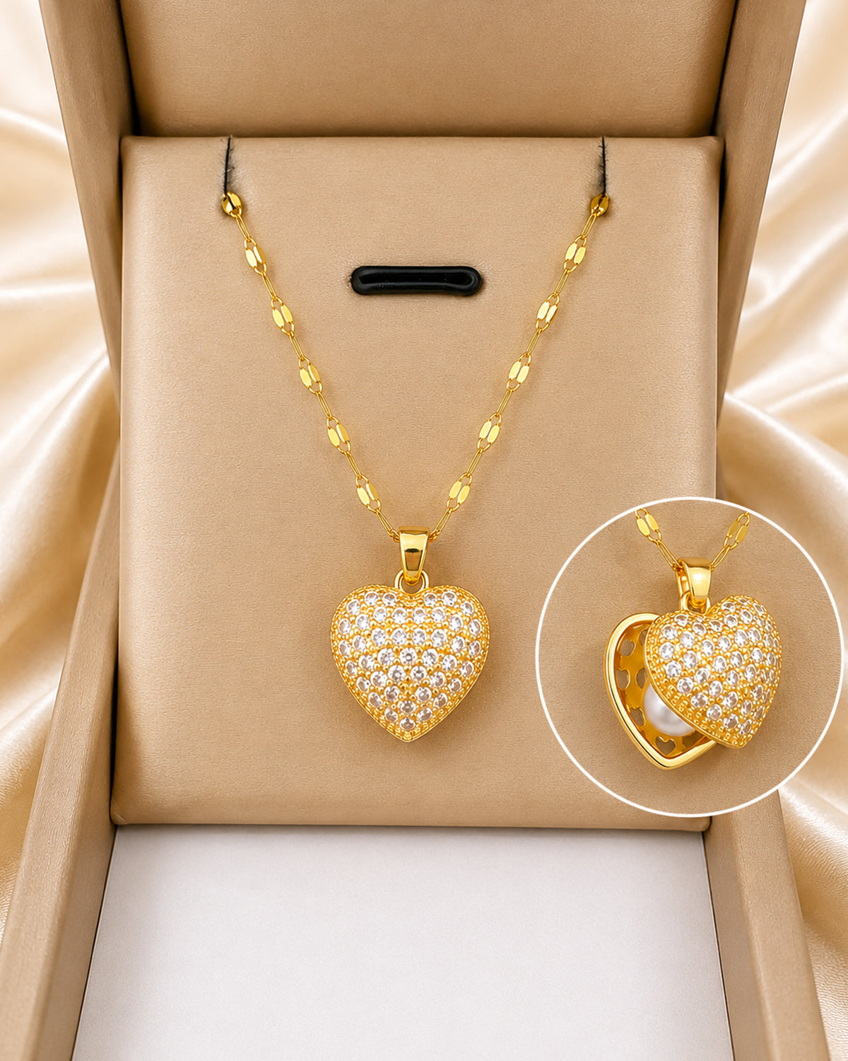 Heart Locket Pendant Necklace with Hidden Pearl Detail
