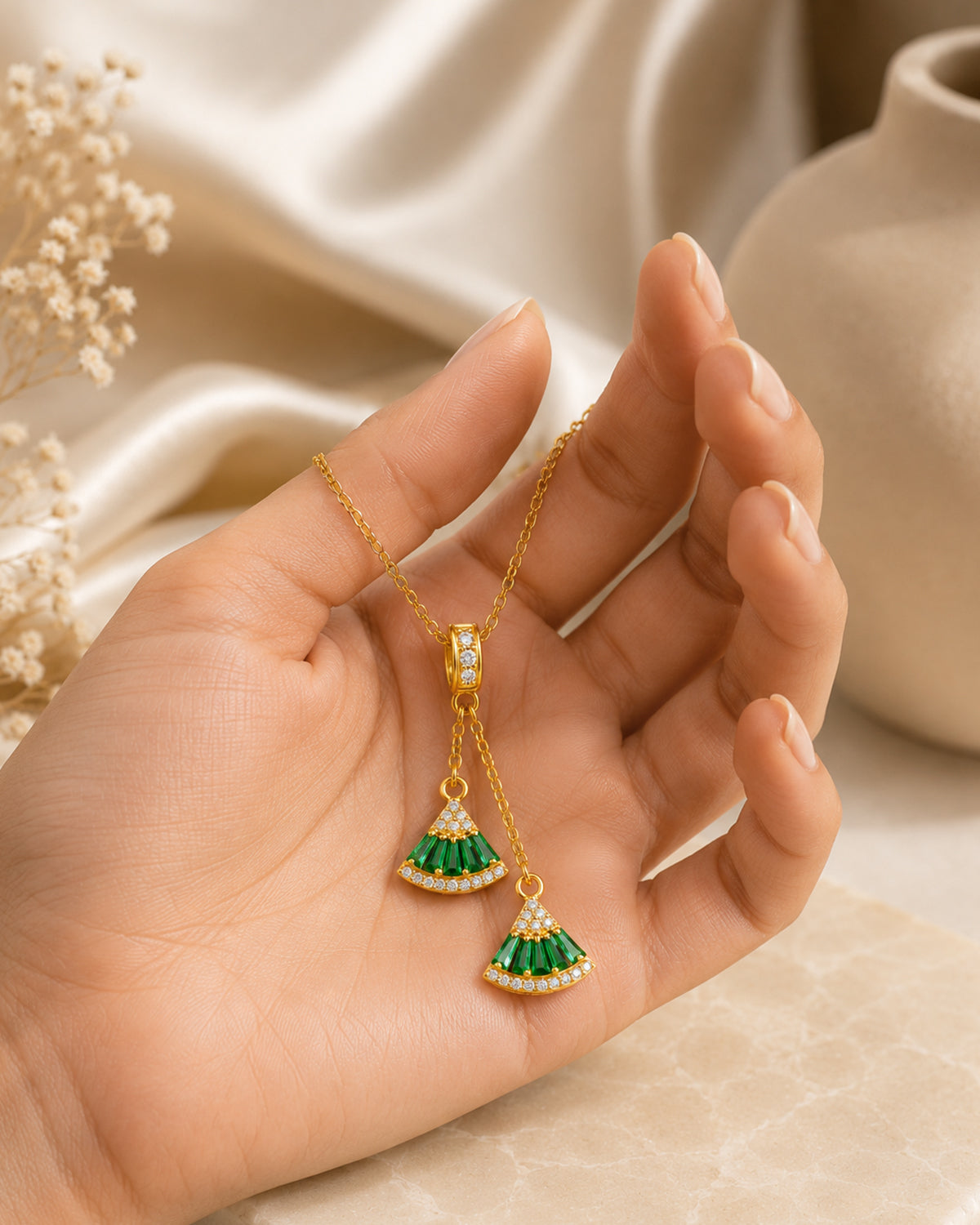 Emerald Fan Drop Pendant Necklace