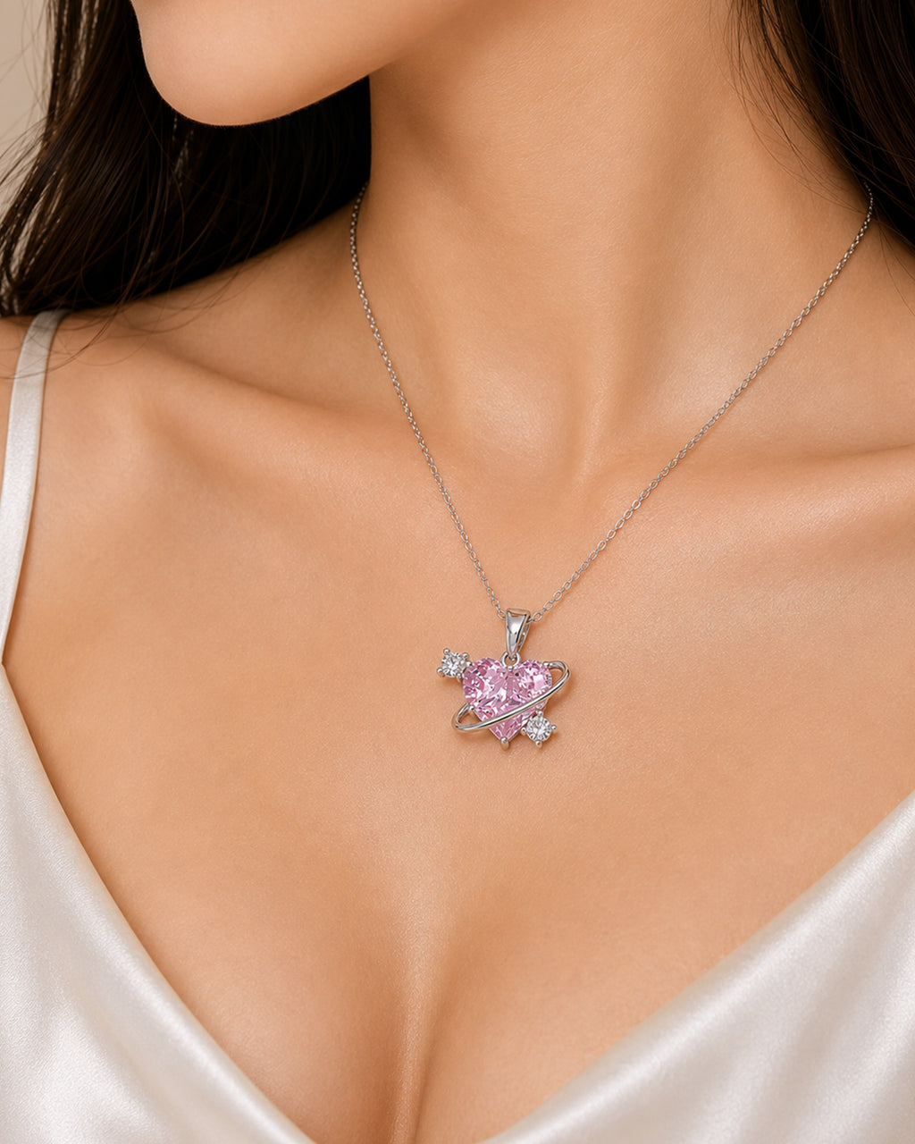 Pink Heart Orbit Pendant Necklace – Silver Finish