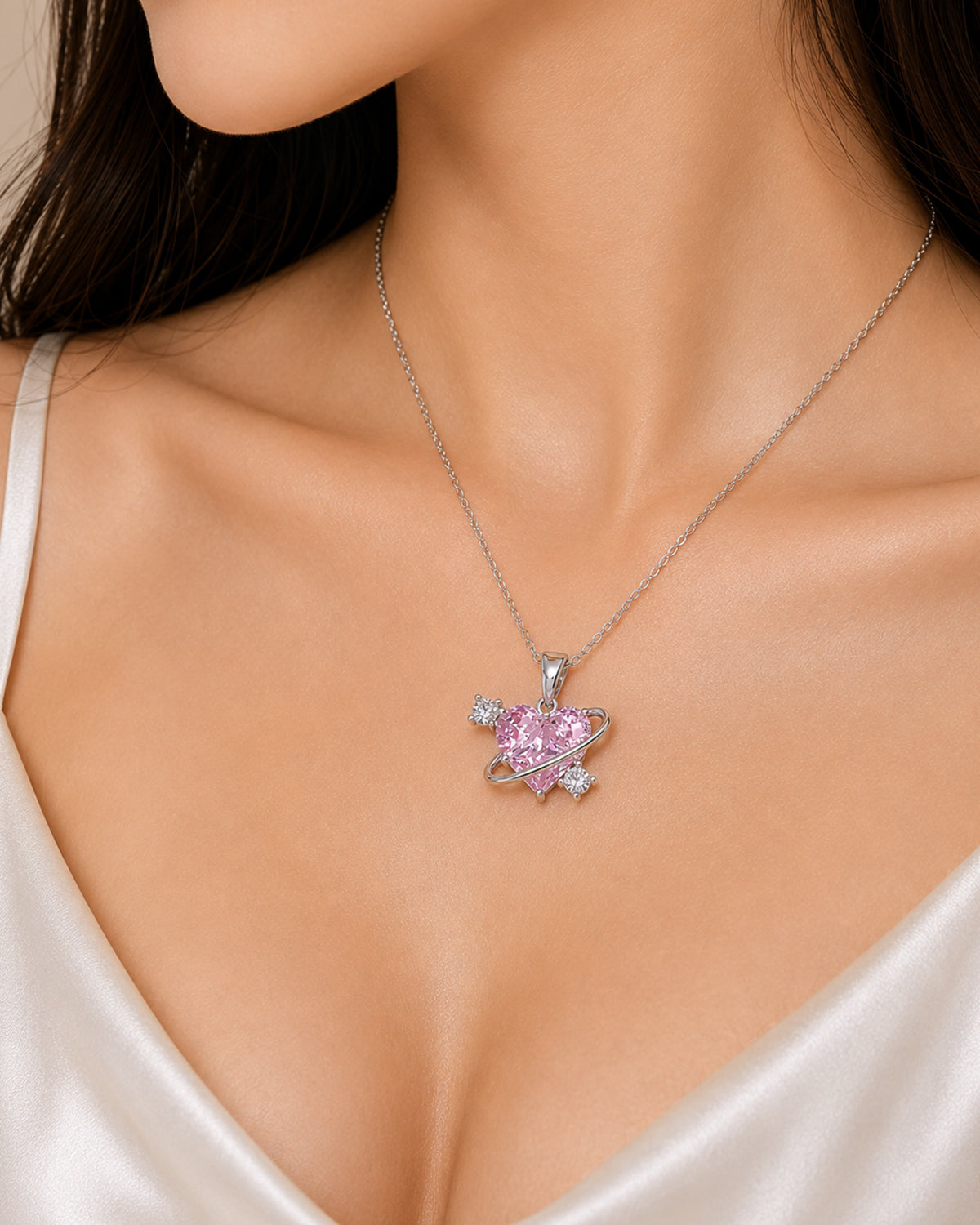 Pink Heart Orbit Pendant Necklace – Silver Finish