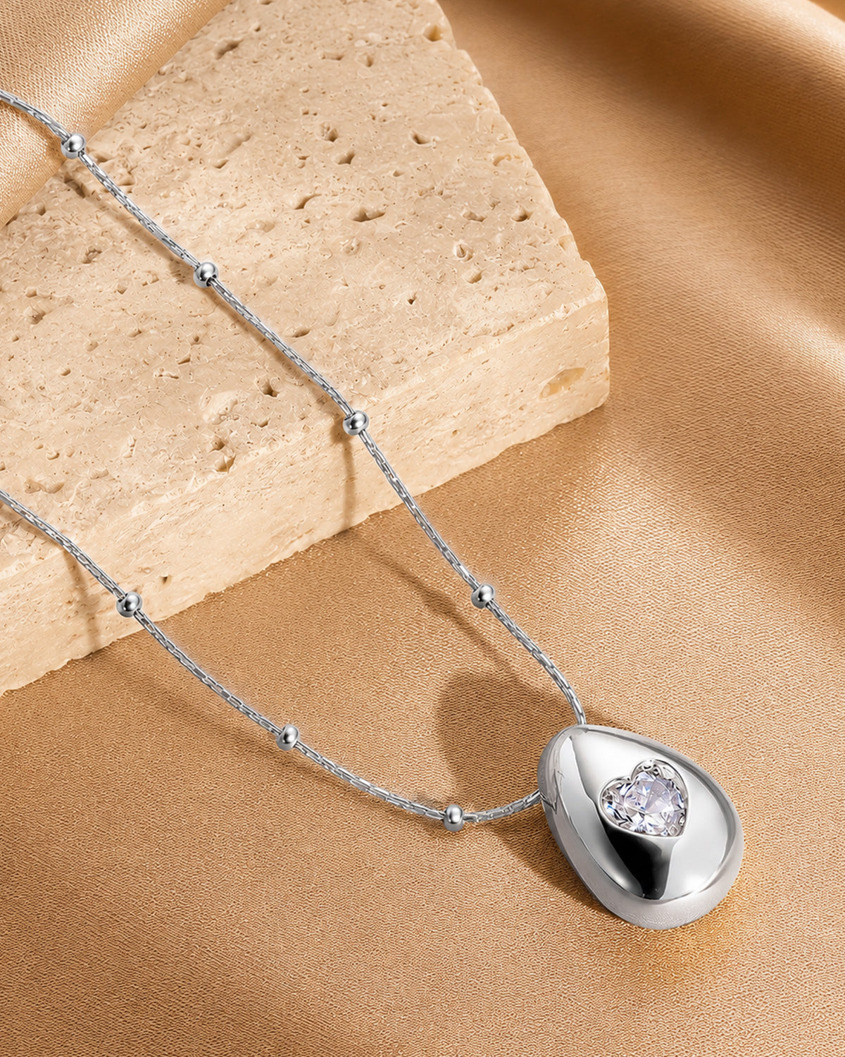 Heart Accent Teardrop Pendant Necklace – Silver Tone