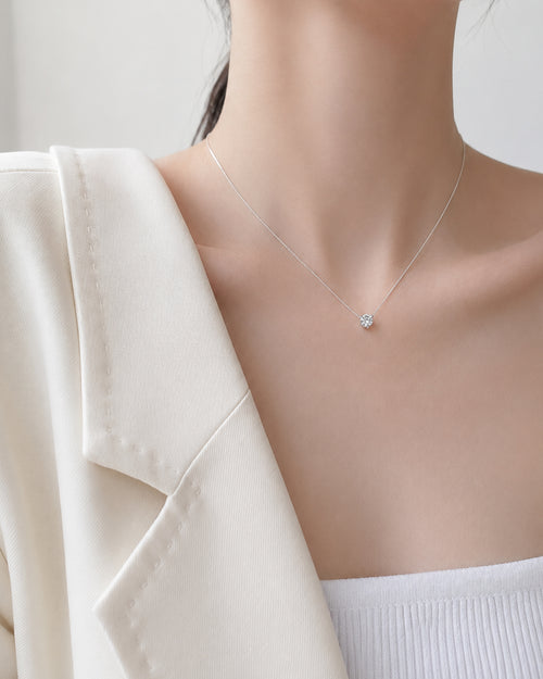 Classic Round Solitaire Crystal Necklace – White Gold Finish