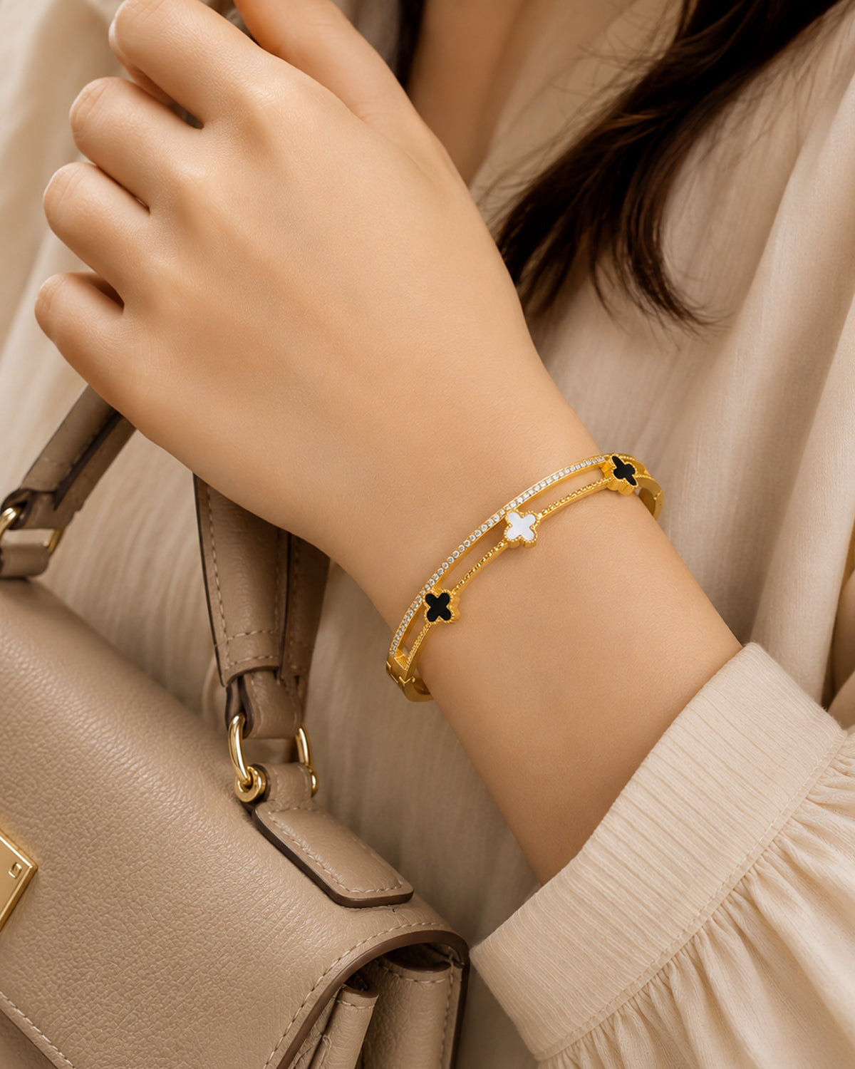 Gold Clover Cuff Bracelet with Crystal Accents