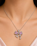 Pink Heart Bow Pendant Necklace – Silver Finish