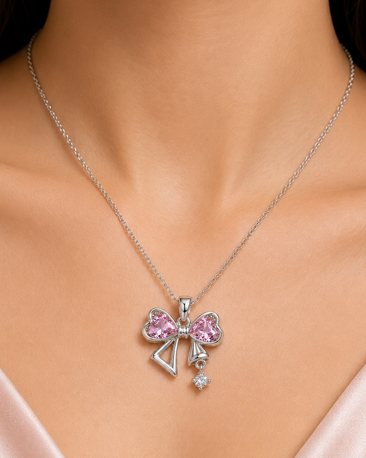Pink Heart Bow Pendant Necklace – Silver Finish