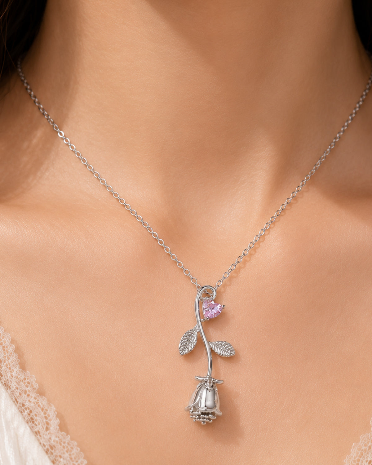 Pink Rose Blossom Pendant Necklace – Silver Finish