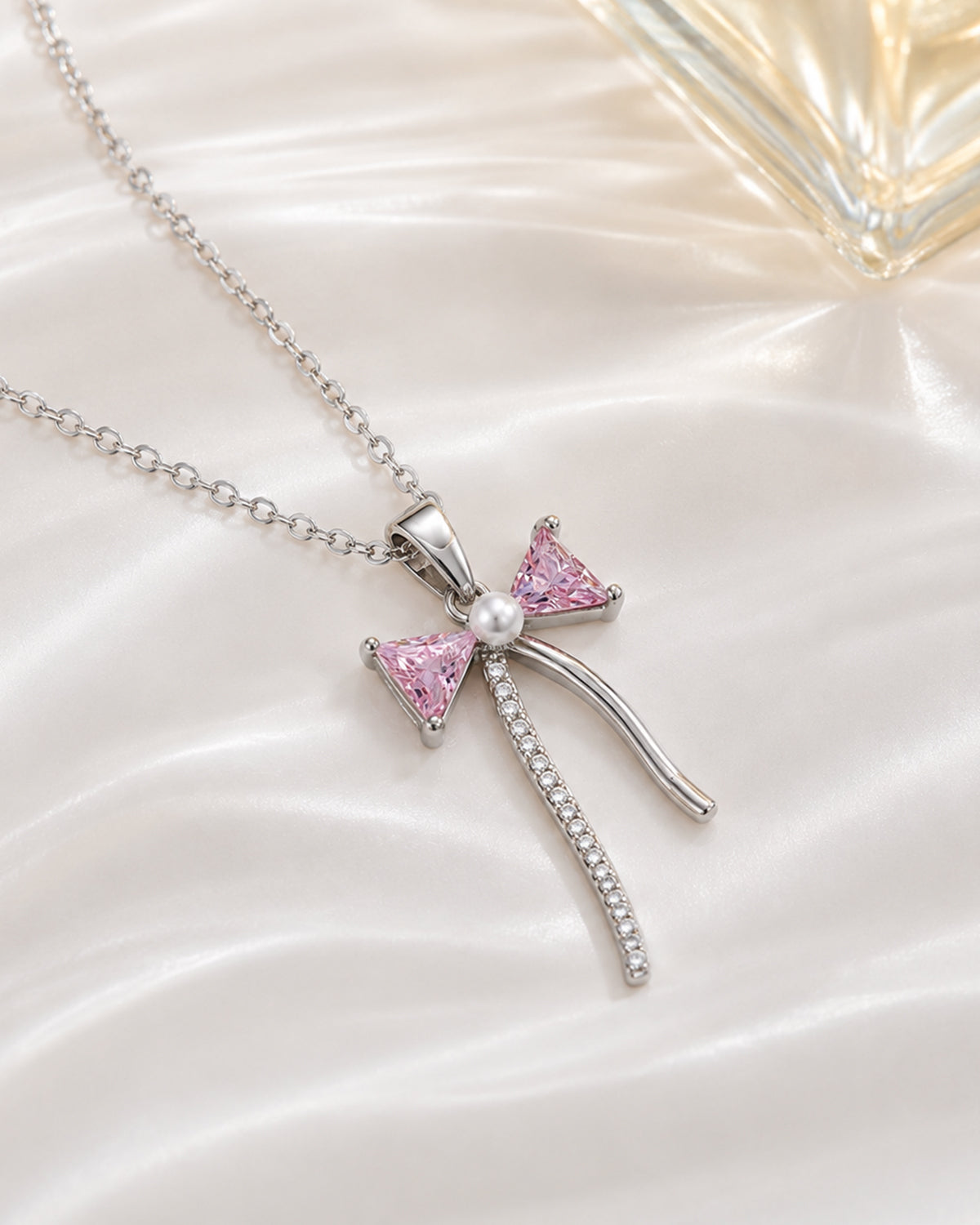 Pink Bow Pendant Necklace – Silver Finish