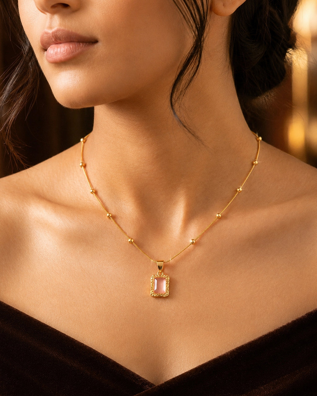 Pink Cat's Eye Rectangle Pendant Necklace
