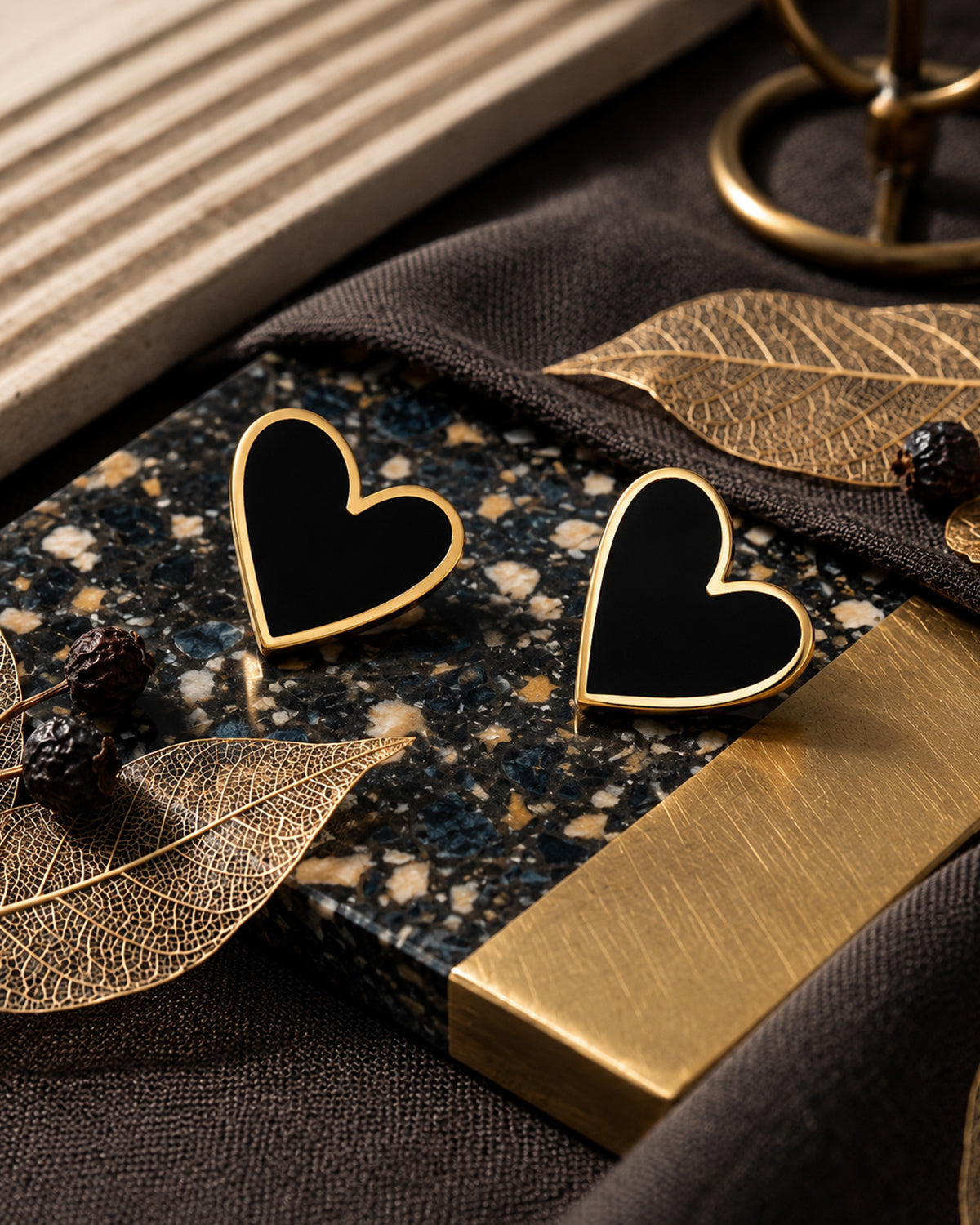 Black Heart Gold Stud Earrings