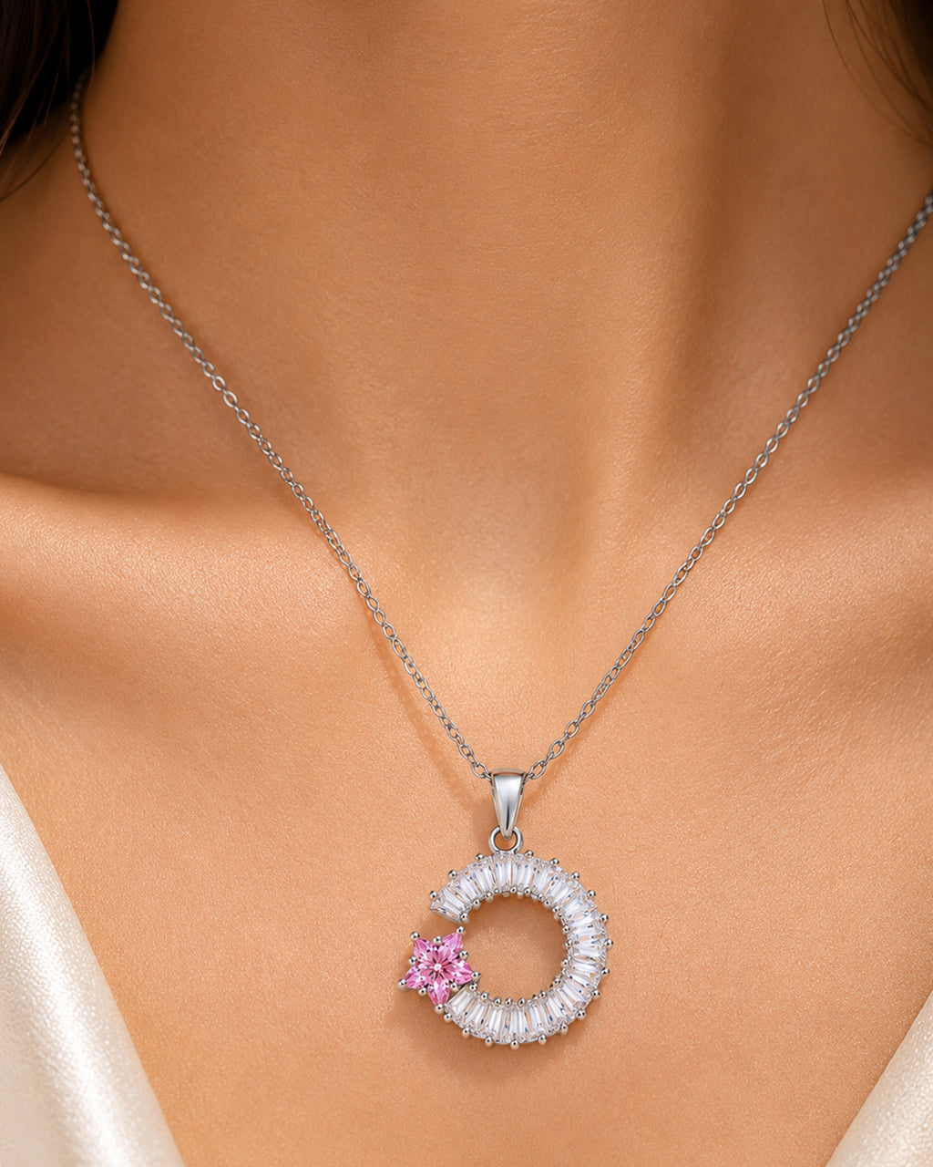 Pink Floral Halo Circle Pendant Necklace – Silver Finish