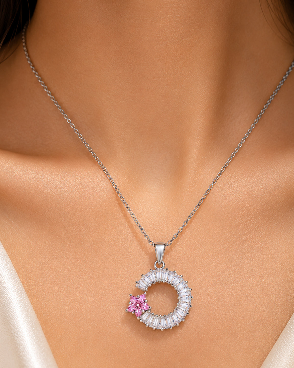 Pink Floral Halo Circle Pendant Necklace – Silver Finish