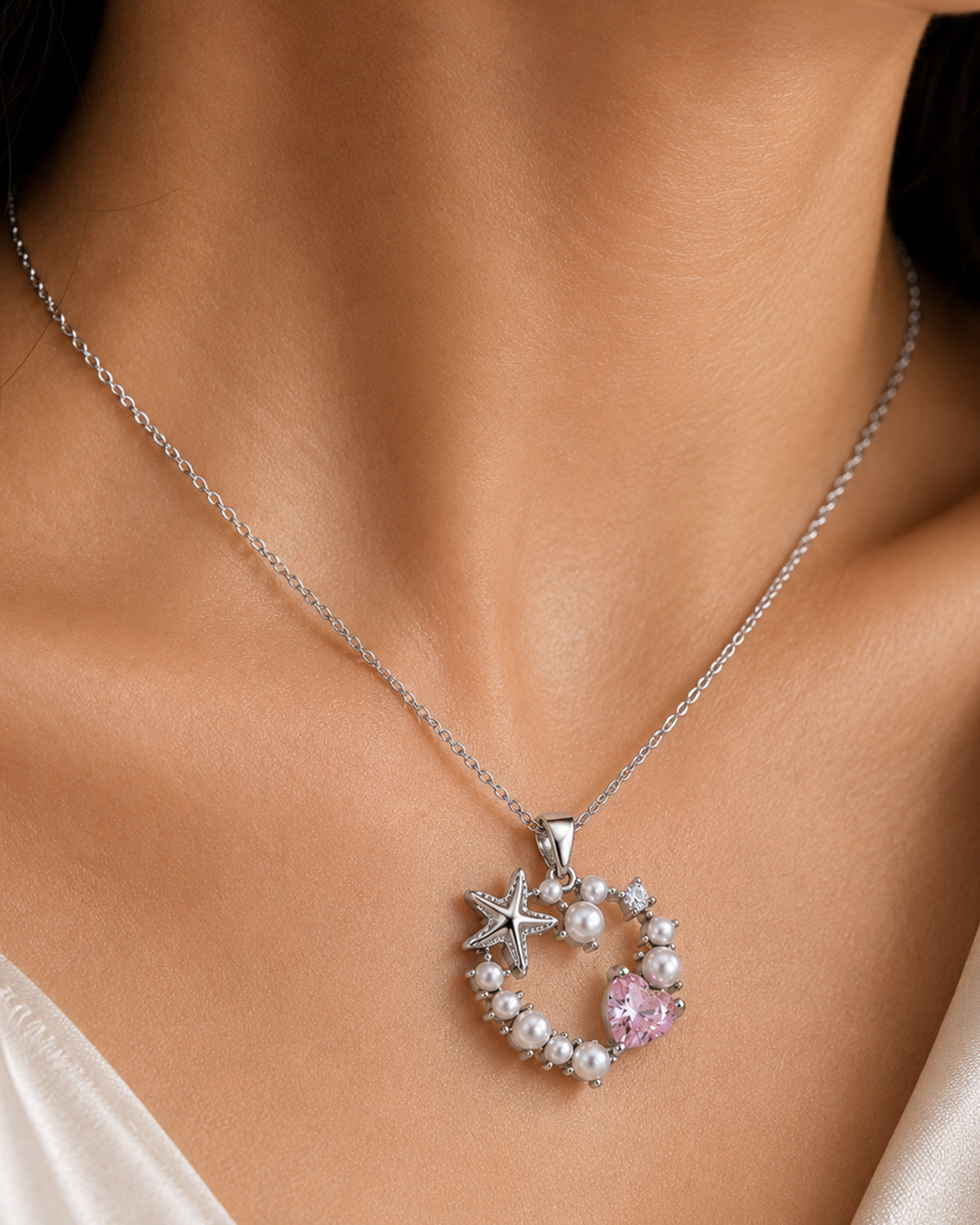 Ocean Pearl Heart Pendant Necklace – Silver Finish