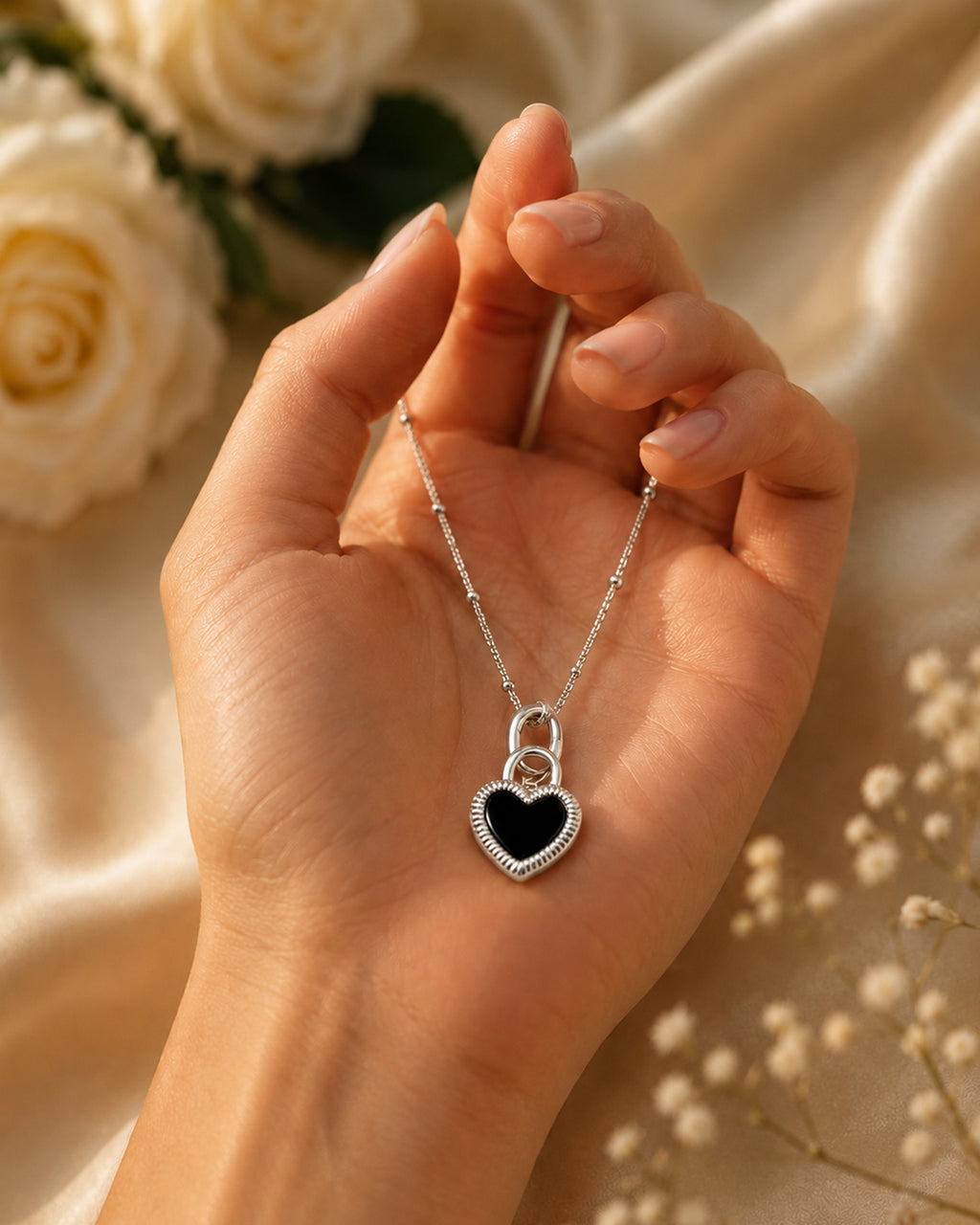 Silver Black Heart Pendant Necklace