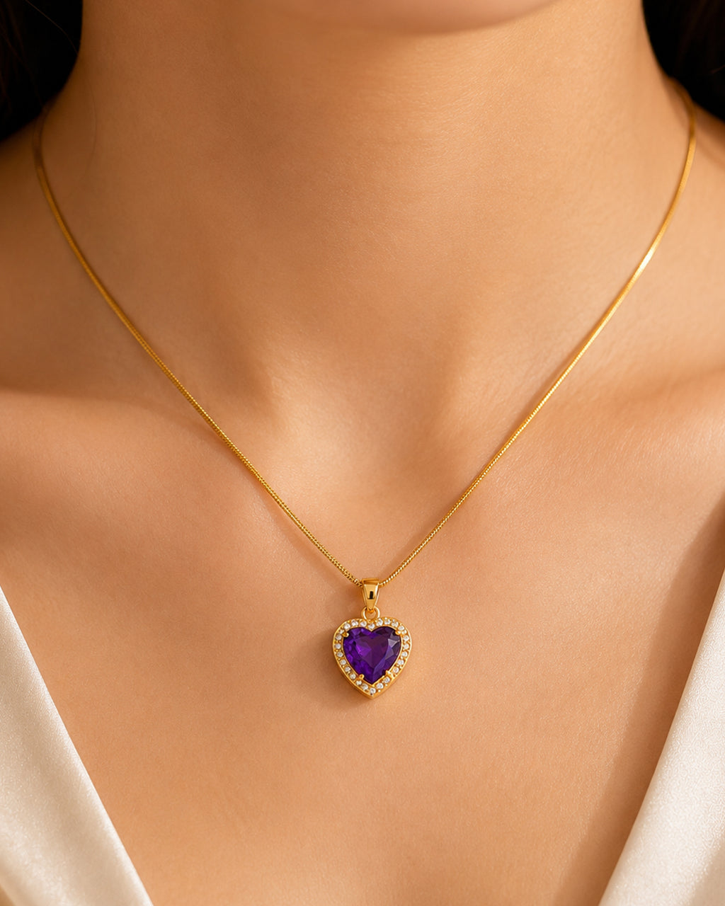 Heart Halo Pendant Necklace with Purple Centre Stone