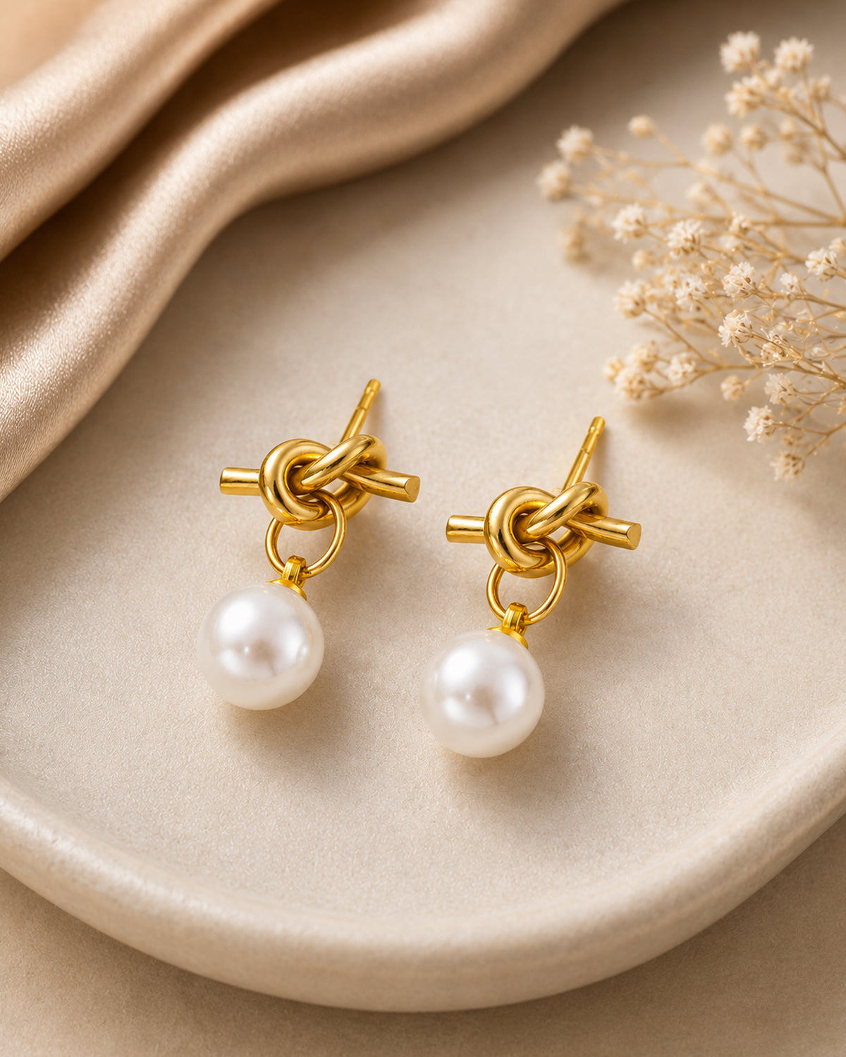 Gold Knot Pearl Drop Stud Earrings