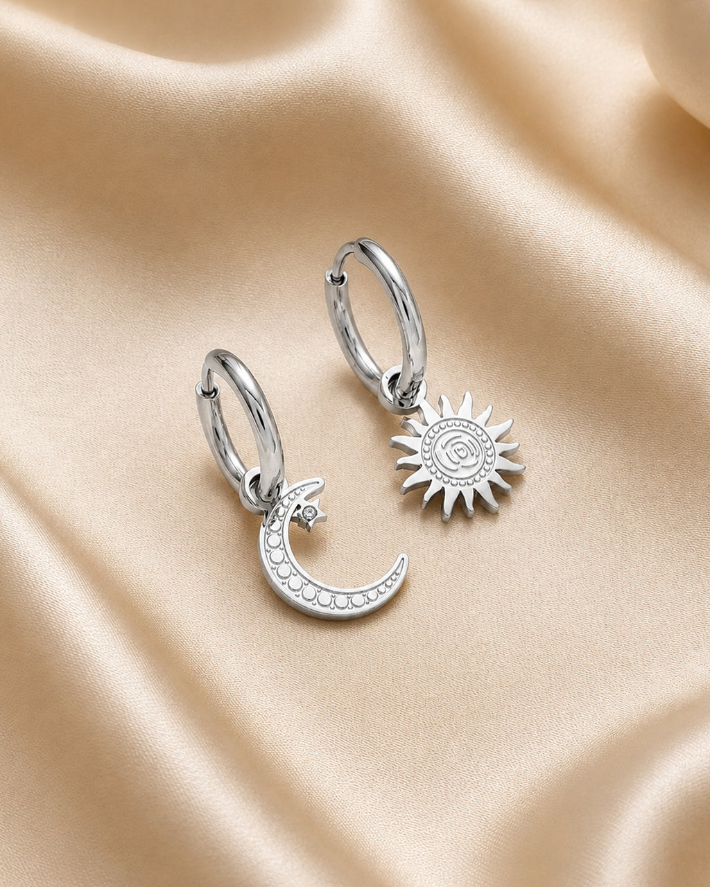 Silver Sun & Moon Charm Hoop Earrings