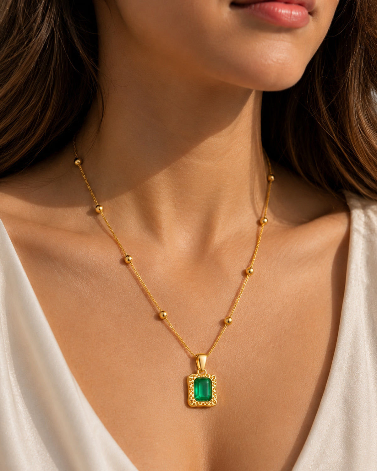 Emerald-Cut Green Pendant Beaded Necklace