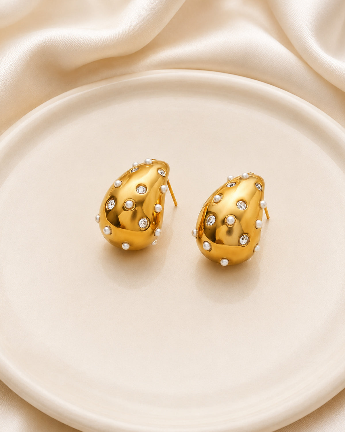 Pearl & Crystal Gold Teardrop Stud Earrings