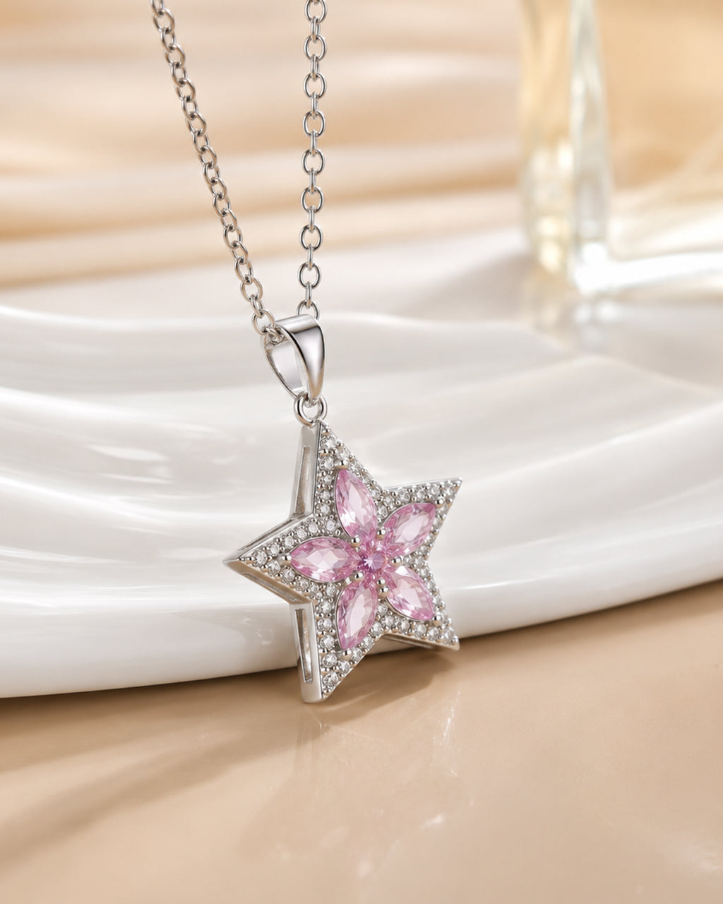 Pink Crystal Star Pendant Necklace – Silver Finish