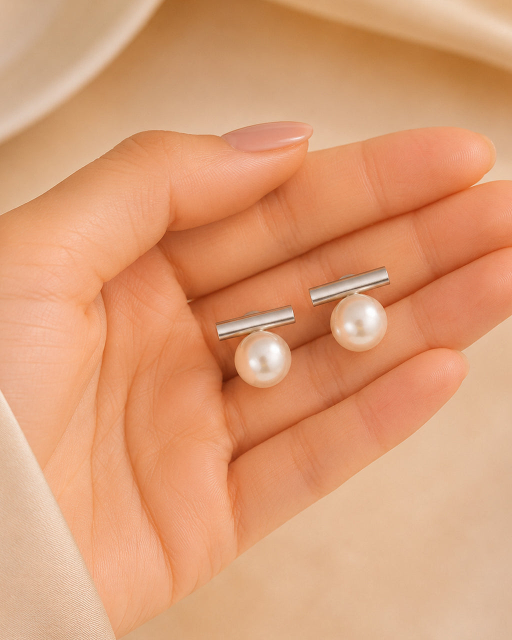 Minimal Pearl Bar Stud Earrings – Silver Finish