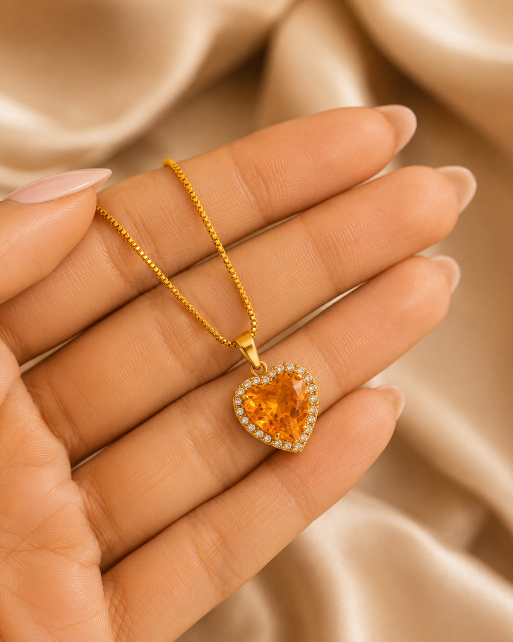 Heart Halo Pendant Necklace with Amber Centre Stone