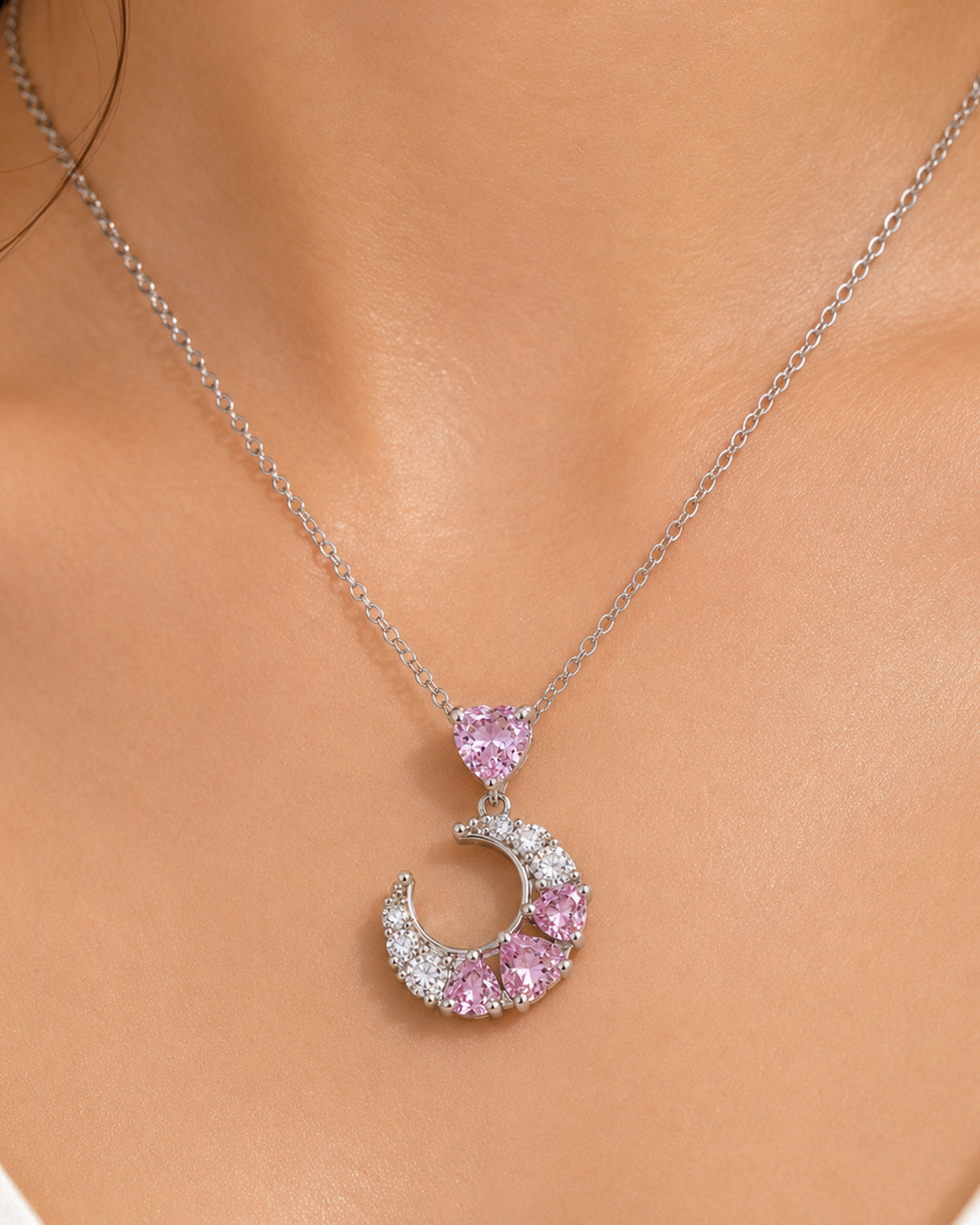 Pink Heart & Crescent Pendant Necklace – Silver Finish