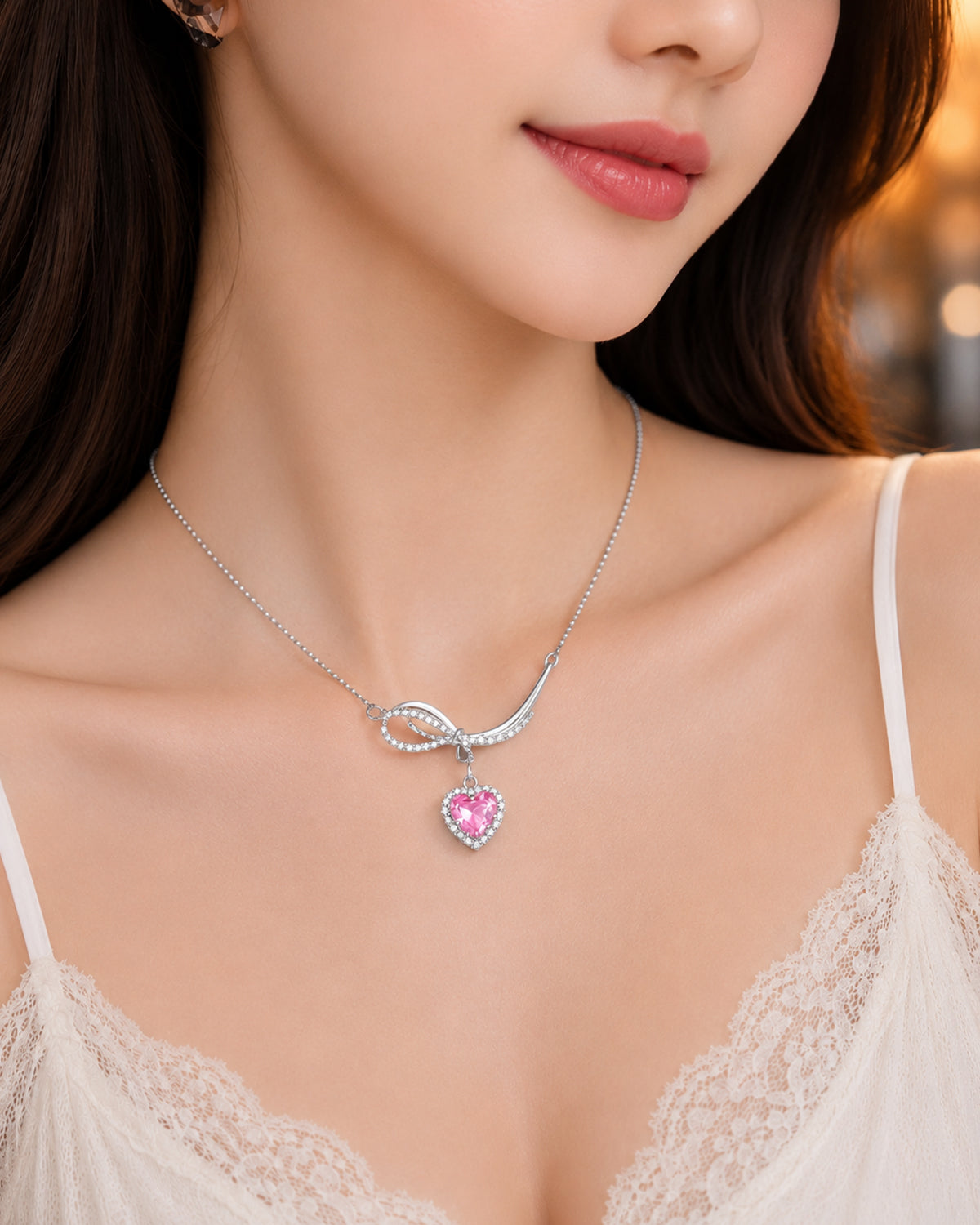 Silver Pink Heart Bow Pendant Necklace