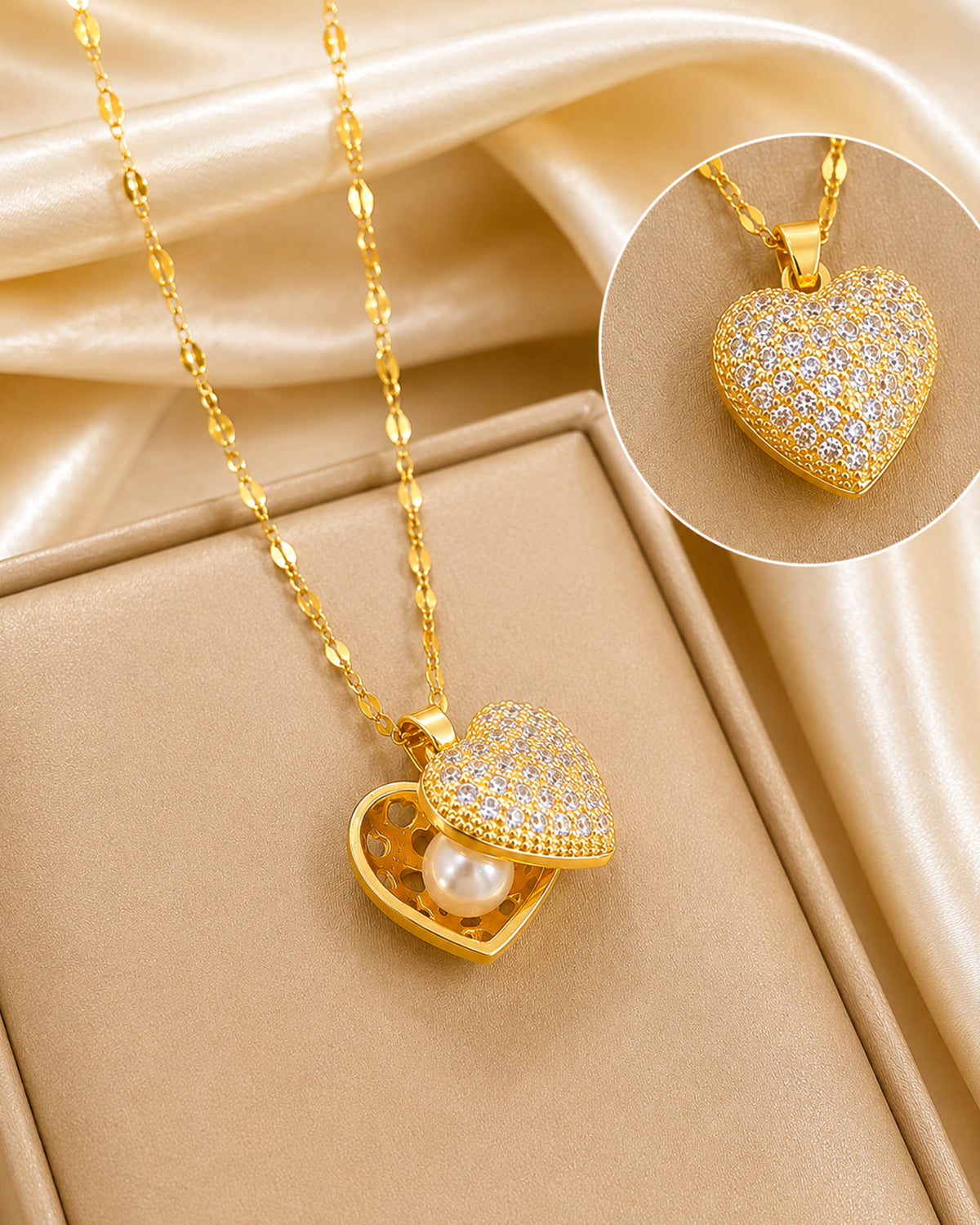 Heart Locket Pendant Necklace with Hidden Pearl Detail