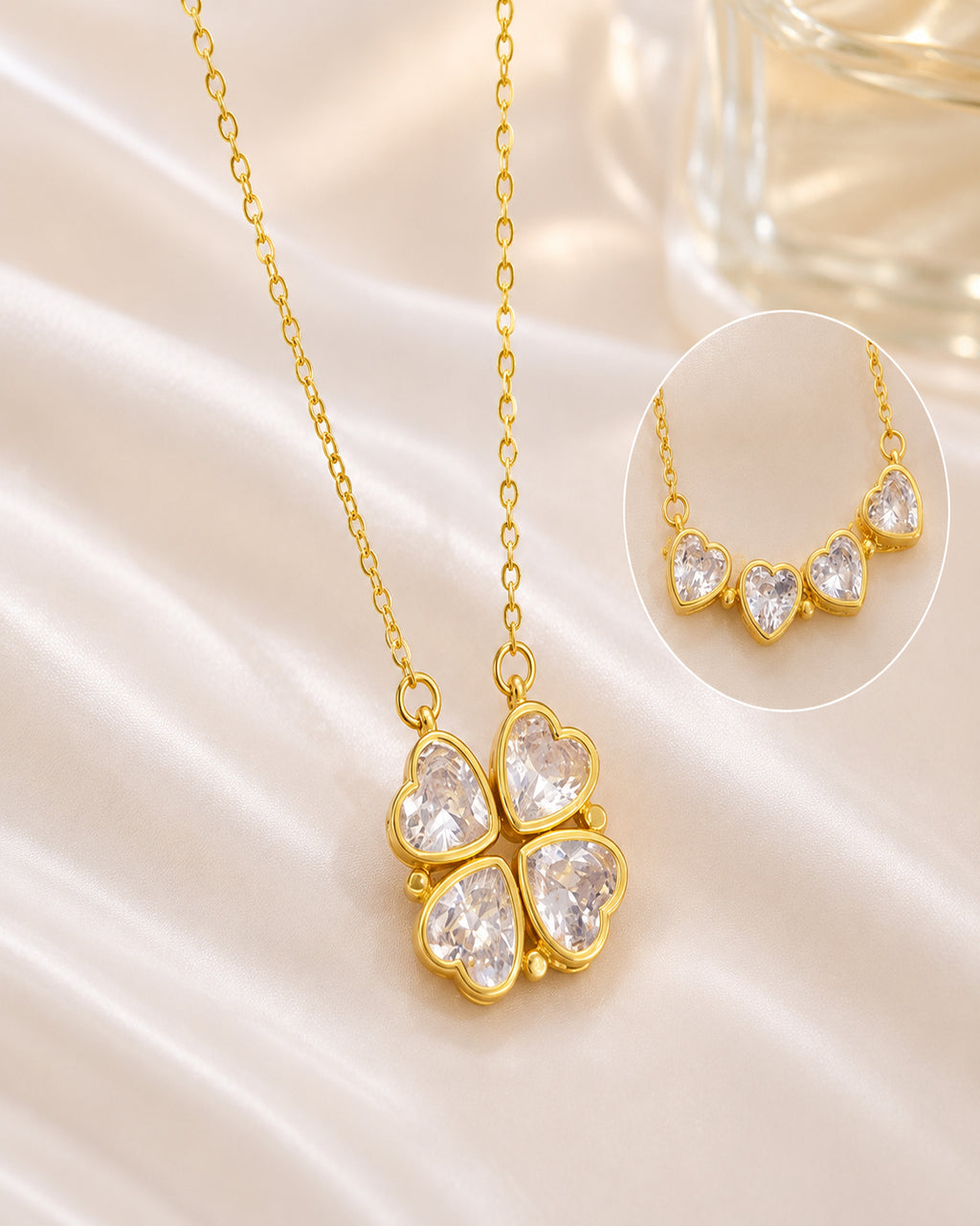 Magnetic Four Heart Clover Pendant Necklace – Gold Finish
