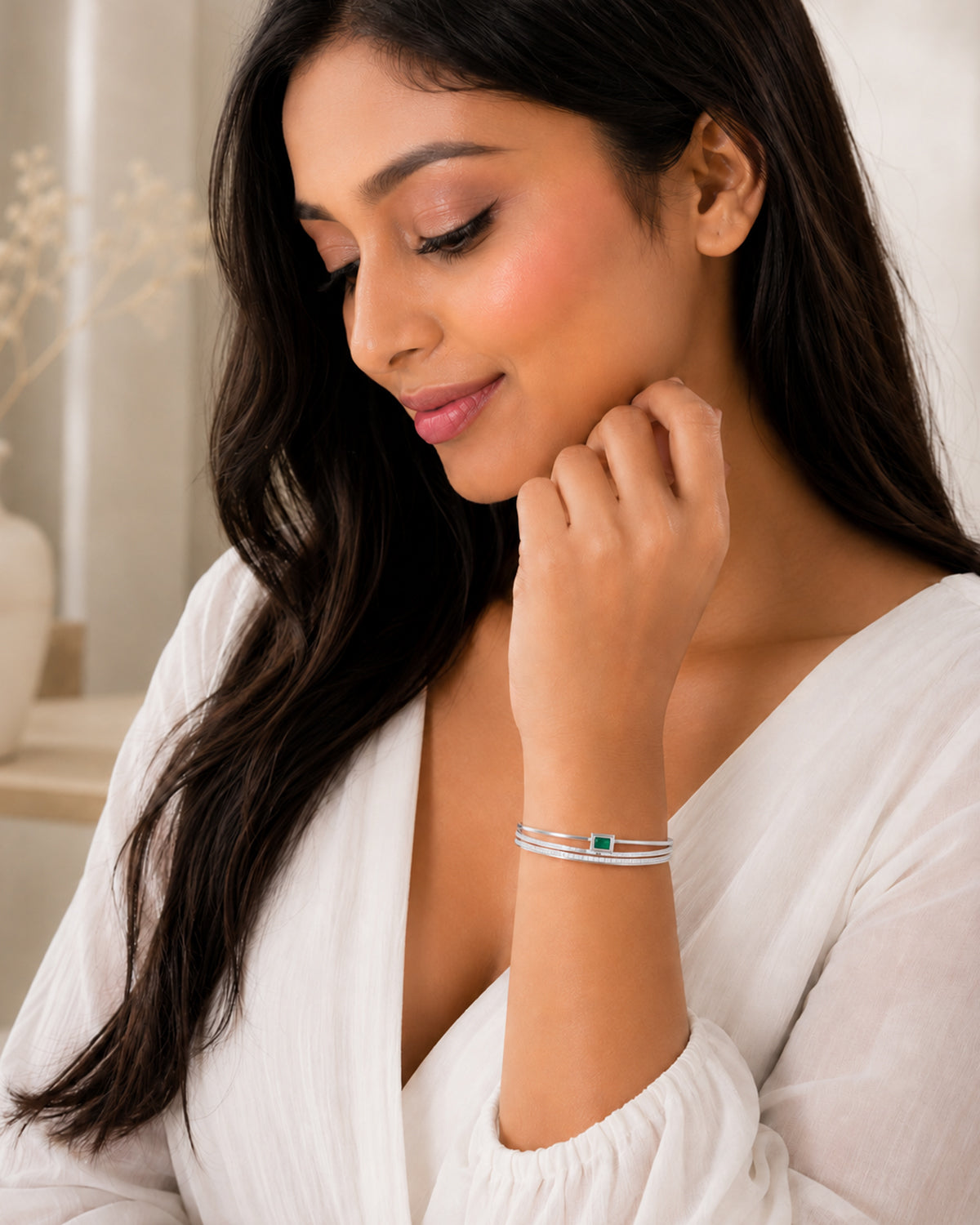 Emerald Accent Open Cuff Bracelet – Silver Tone